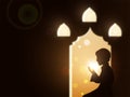 Realistic illustration of a Muslim boy in Salah (Prayer, Namaz) position. creative banner or poster design for Ramadan Kareem