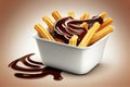 Realistic illustration of a plate of churros drizzled with chocolate sauce, AI generative art