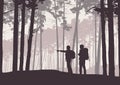 Realistic illustration of retro landscape silhouettes with forest and coniferous trees. Two hikers, man and woman with backpacks.