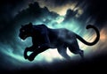 realistic illustration of running black panther with dark background and dramatic sky