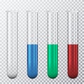 Realistic illustration of a set of glass tubes with red, blue and green liquid, isolated on a transparent background, vector Royalty Free Stock Photo
