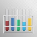 A realistic illustration of a set of laboratory test tubes with color liquid and a white stand.  on transparent background Royalty Free Stock Photo