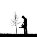Realistic illustration with silhouette of a gardener man with watering can. Lawn and young tree without leaves, isolated on white