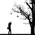 Realistic illustration of a silhouette of a man photographing three birds on a tree, vector