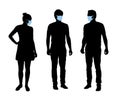 Realistic illustration of silhouettes of people, men and women characters with protective masks against covid infection on the