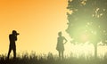 Realistic illustration silhouettes photographer men and women models in the landscape with forest, tree and grass under yellow Royalty Free Stock Photo