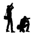 Realistic illustration of silhouettes of a standing and kneeling man photographer with camera and bag. Vector on white background Royalty Free Stock Photo