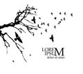 Realistic illustration with silhouettes of three birds - crows or ravens sitting on tree branch without leaves and Royalty Free Stock Photo