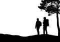 Realistic illustration with silhouettes of two tourists with backpacks, man and woman. It stands in a landscape with hills and a