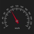 Realistic illustration of speedometer with red hand and white numbers with kilometers per hour. Isolated on black background, Royalty Free Stock Photo