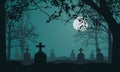 Realistic illustration of spooky landscape and forest with dead and dry trees, cemetery with tombstones and full moon on night Royalty Free Stock Photo