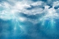 Realistic illustration of summer rain with thunderclouds and lightning in the afternoon against the blue sky. Vector abstract back Royalty Free Stock Photo