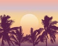 Realistic illustration of sunset over sea or ocean with palm trees. Orange, pink and yellow sky and space for text, vector Royalty Free Stock Photo