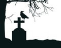 Realistic illustration of a tombstone in a cemetery with a sitting raven and a dry dead tree. Isolated on white background, with