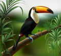 realistic illustration. Toucan bird. Jungle forest.