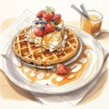 Realistic Illustration Of Waffles And Strawberries With Detailed Character Illustrations