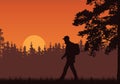 Realistic illustration of walking tourist with backpack, grass and high tree. Forest under orange sky with rising sun. With space