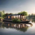 A floating houseboat moored on a tranquil river, featuring a rooftop garden and panoramic views