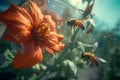 Realistic image of flying bees on flower plant. Generate ai