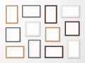 Realistic image frames. Picture frame in different colors, hanging blank pictures on gallery wall of modern interior