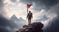 Realistic image of a mountain climber heading towards the mountain and a red flag. Success concept Royalty Free Stock Photo