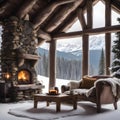 A rustic log cabin nestled in a snowy alpine meadow, with a roaring fireplace and cozy nooks