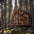 A secluded mountain cabin with a retractable roof for stargazing, surrounded by towering pines