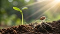 A realistic image of a seed sprouting from the ground, pushing through the soil and representing the growth Royalty Free Stock Photo