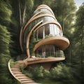 A spiraling tower house resembling a nautilus shell, tucked away within a lush forest