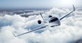 Realistic image of White Luxury generic design private jet flying over the earth. Empty blue sky with white clouds at Royalty Free Stock Photo