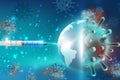 Realistic injection vaccine syringes for Coronavirus COVID-19 global epidemic flu disease background image 3D virus and earth