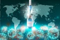 Realistic injection vaccine syringes for Coronavirus COVID-19 global epidemic flu disease world map background image 3D virus