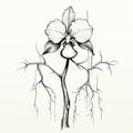 Realistic Ink Illustration Of Orchid On Branch With Symmetrical Asymmetry