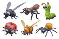 Realistic insect flying, brown ant, green centipede, ladybird with red wings