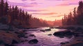 a realistic inspired sunset illustration with a rier at a forest, ai generated image