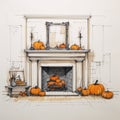 Realistic Interior Design Sketch Of Halloween Decorated Fireplace
