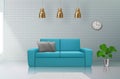 Realistic interior. Sofa in living room modern decoration with architectural objects in room decent vector background Royalty Free Stock Photo