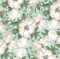 Realistic isolated flowers pattern. Vintage baroque background. Rose dogrose, rosehip, brier. Wallpaper. Drawing engraving.