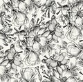 Realistic Isolated Flowers Pattern. Vintage Baroque Background. Rose Dogrose, Rosehip, Brier. Wallpaper. Drawing Engraving.