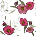 Realistic isolated seamless flower pattern. Vintage set. Wallpaper. Hand drawn. Vector illustration. Abstract flower drawing. Royalty Free Stock Photo