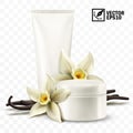 3d realistic isolated vector mockup, jar and tube with cosmetic cream, vanilla flowers and sticks