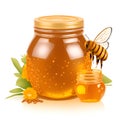 Realistic isolated on white background honey jar and stick with liquid honey flowing. Royalty Free Stock Photo