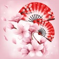 Realistic japanese folding fan with sakura flowers ornament on pink vector illustration card template. card with stylized cherry Royalty Free Stock Photo