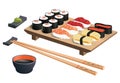 Realistic vector Japanese sushi with soy sauce, wasabi and chopsticks