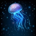 Realistic jellyfish blue lightening, poisonous jellyfish in dark deep water with glowing plankton, deep ocean creature Royalty Free Stock Photo