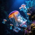 Realistic jellyfish blue lightening, poisonous jellyfish in dark deep water, deep ocean creature Royalty Free Stock Photo