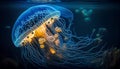 Realistic jellyfish blue lightening, poisonous jellyfish in dark deep water with glowing plankton, deep ocean creature Royalty Free Stock Photo