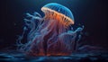 Realistic jellyfish blue lightening, poisonous jellyfish in dark deep water with glowing plankton, deep ocean creature