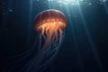 Realistic jellyfish in the depths of the ocean with lightbeams from above created with generative AI technology