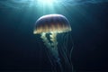 Realistic jellyfish in the depths of the ocean with lightbeams from above created with generative AI technology